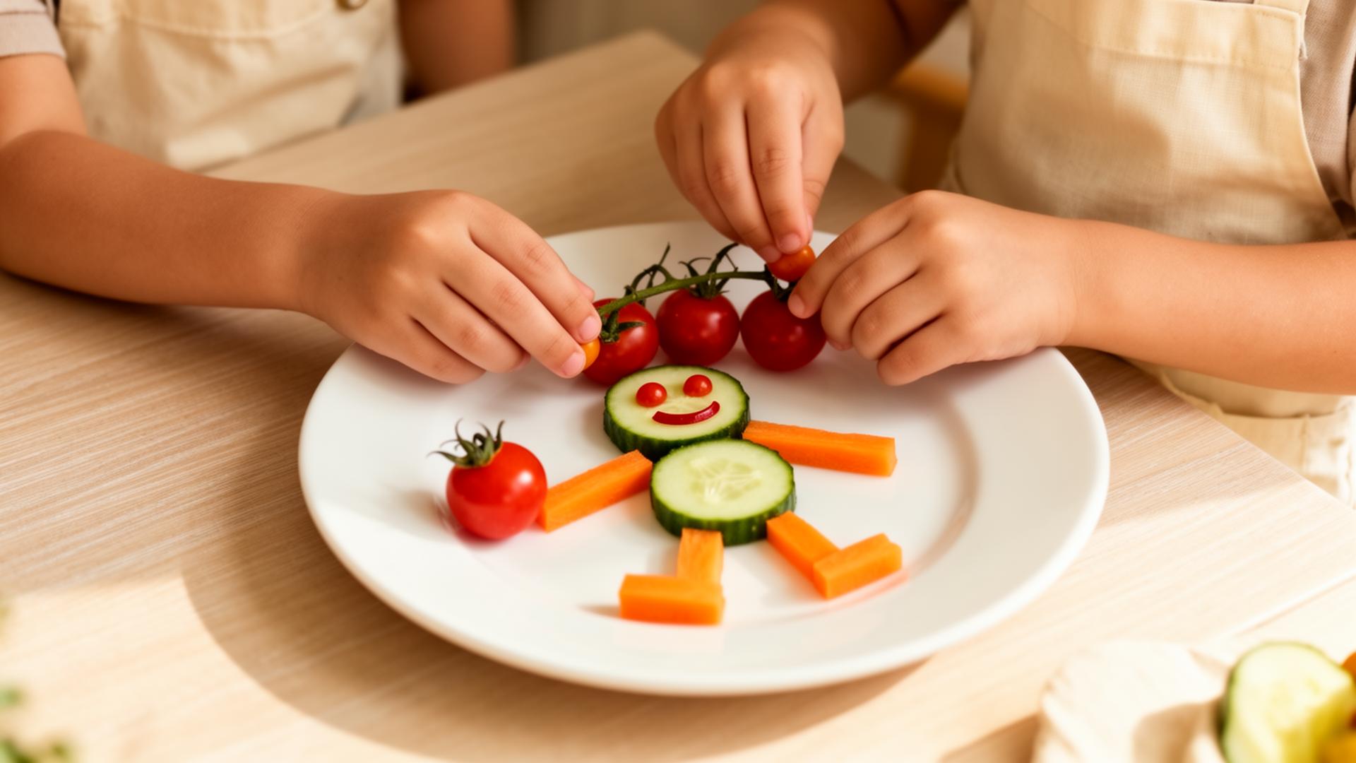 Children's hands arranging cherry tomatoes, cucumber and carrots into a smiling face on a plate