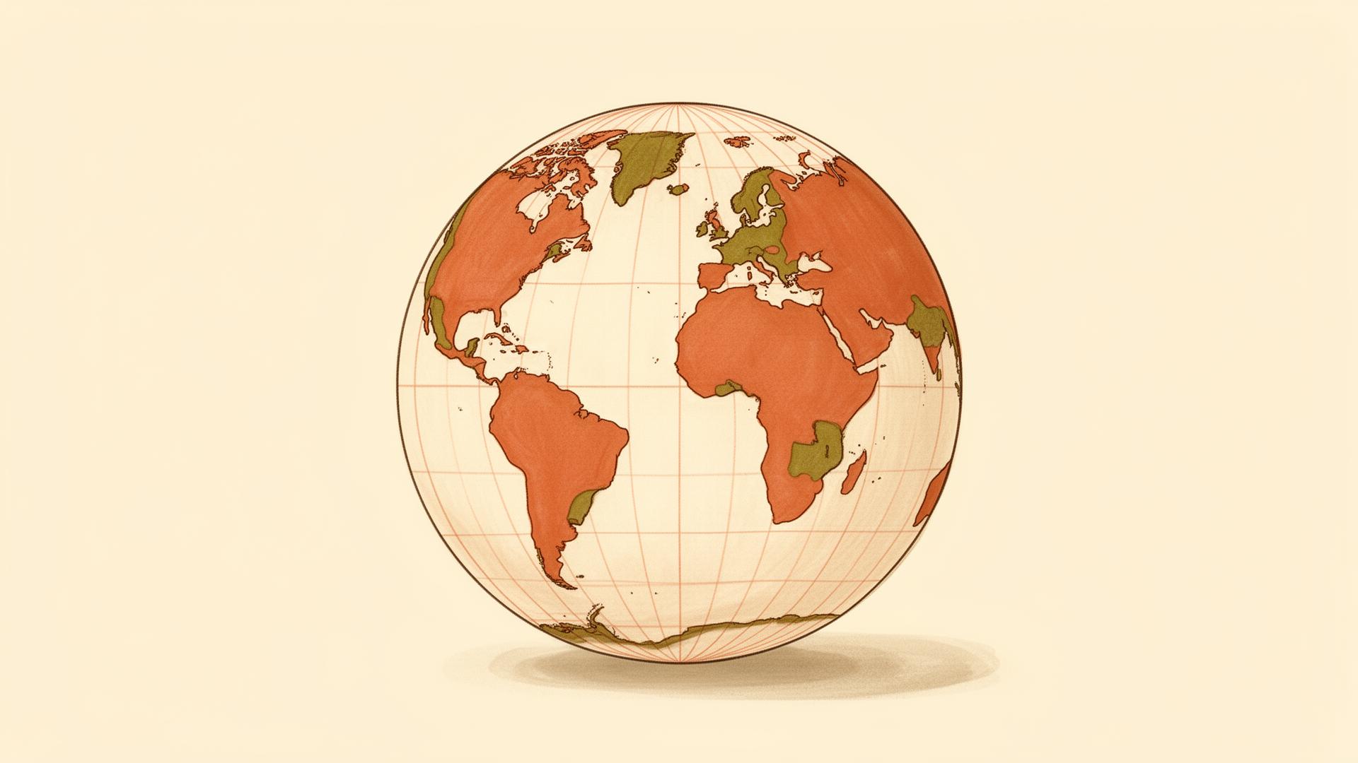 Stylized warm-toned globe of Earth in terracotta and cream