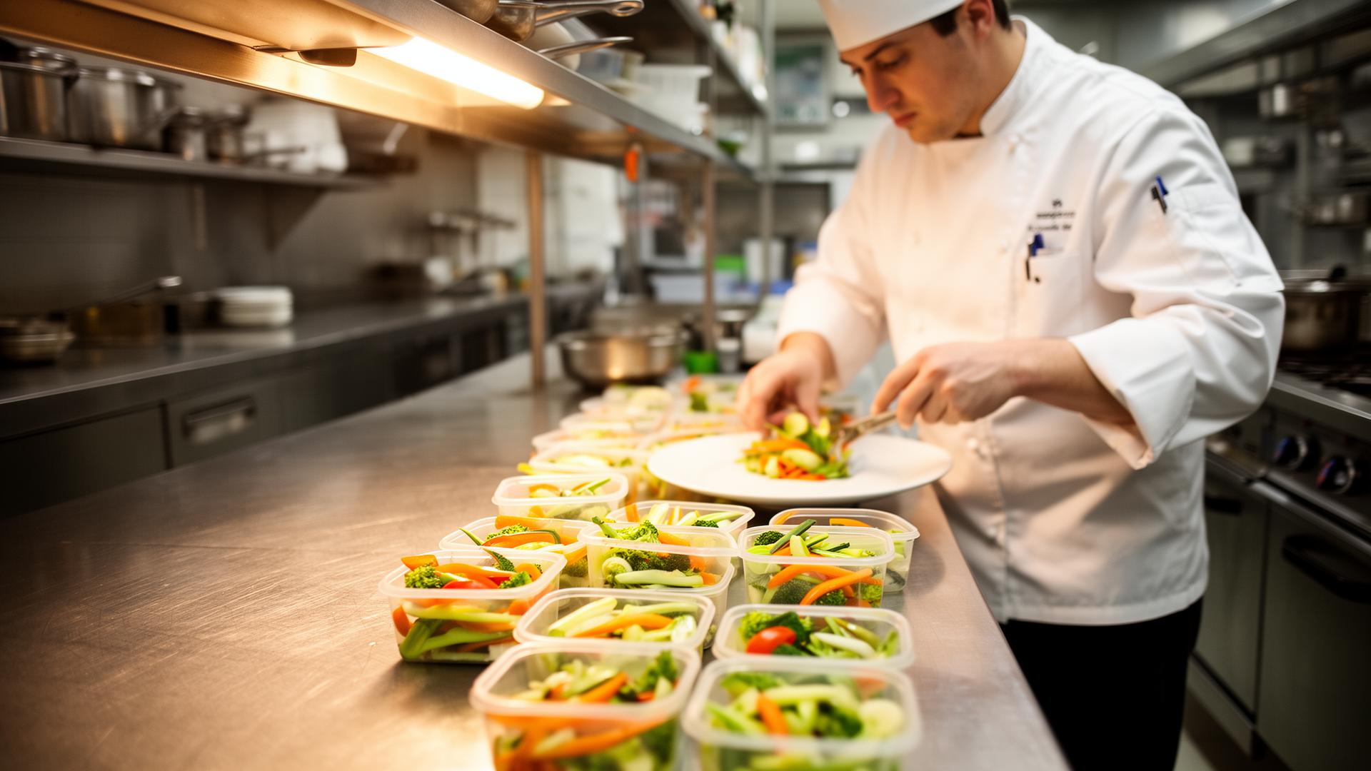 Chef in a professional kitchen plating fresh vegetables into portion containers